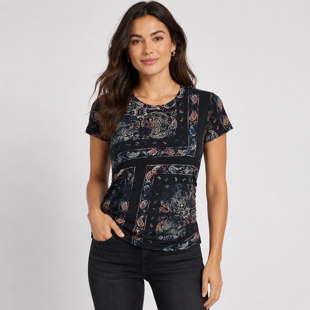 Pam & Gela Womens M Black Bandana Paisley Side Ruched Cotton Y2K Boho T-Shirt